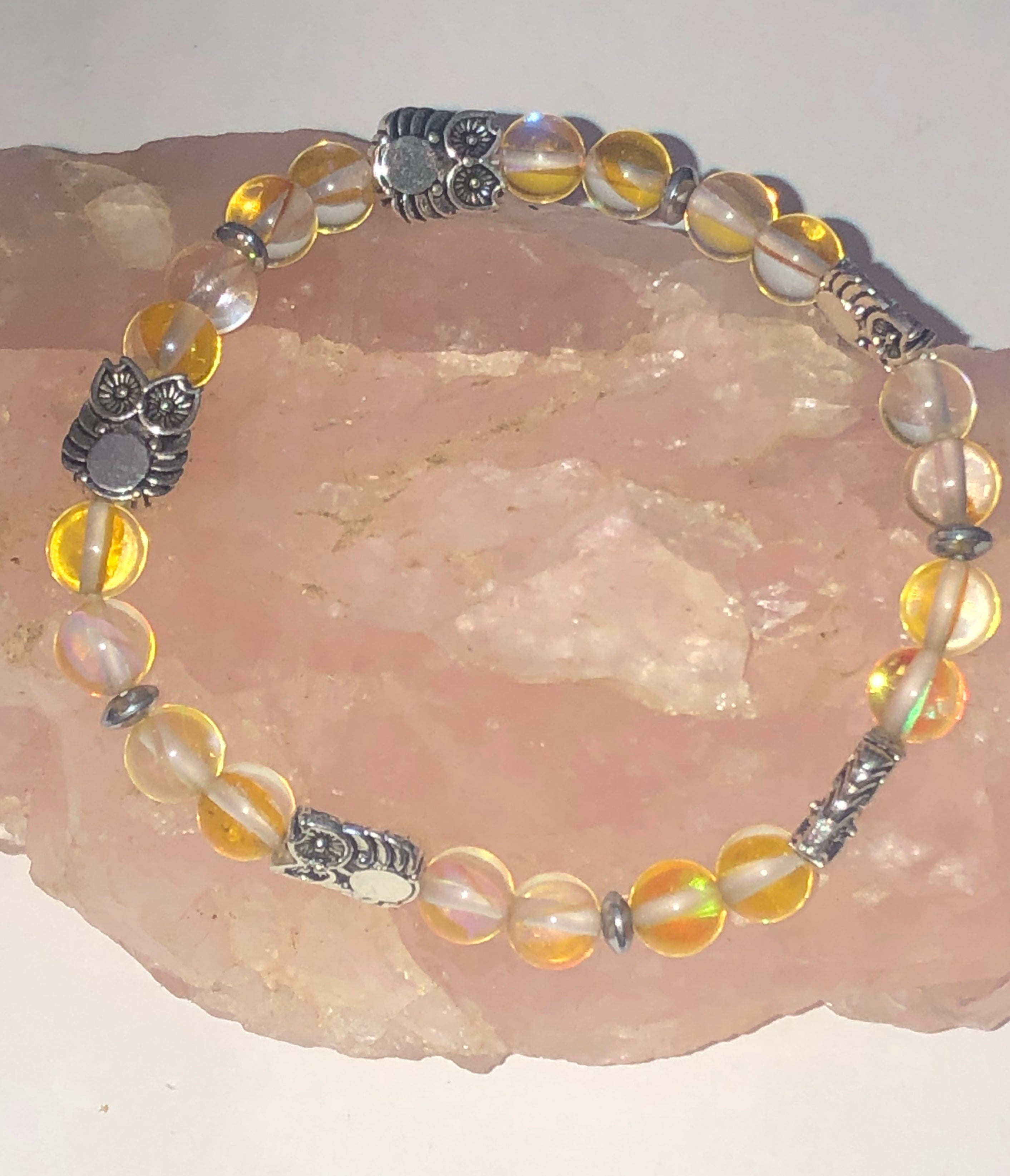 Silver Owl with Yellow Mystic Aura Quartz Bracelet