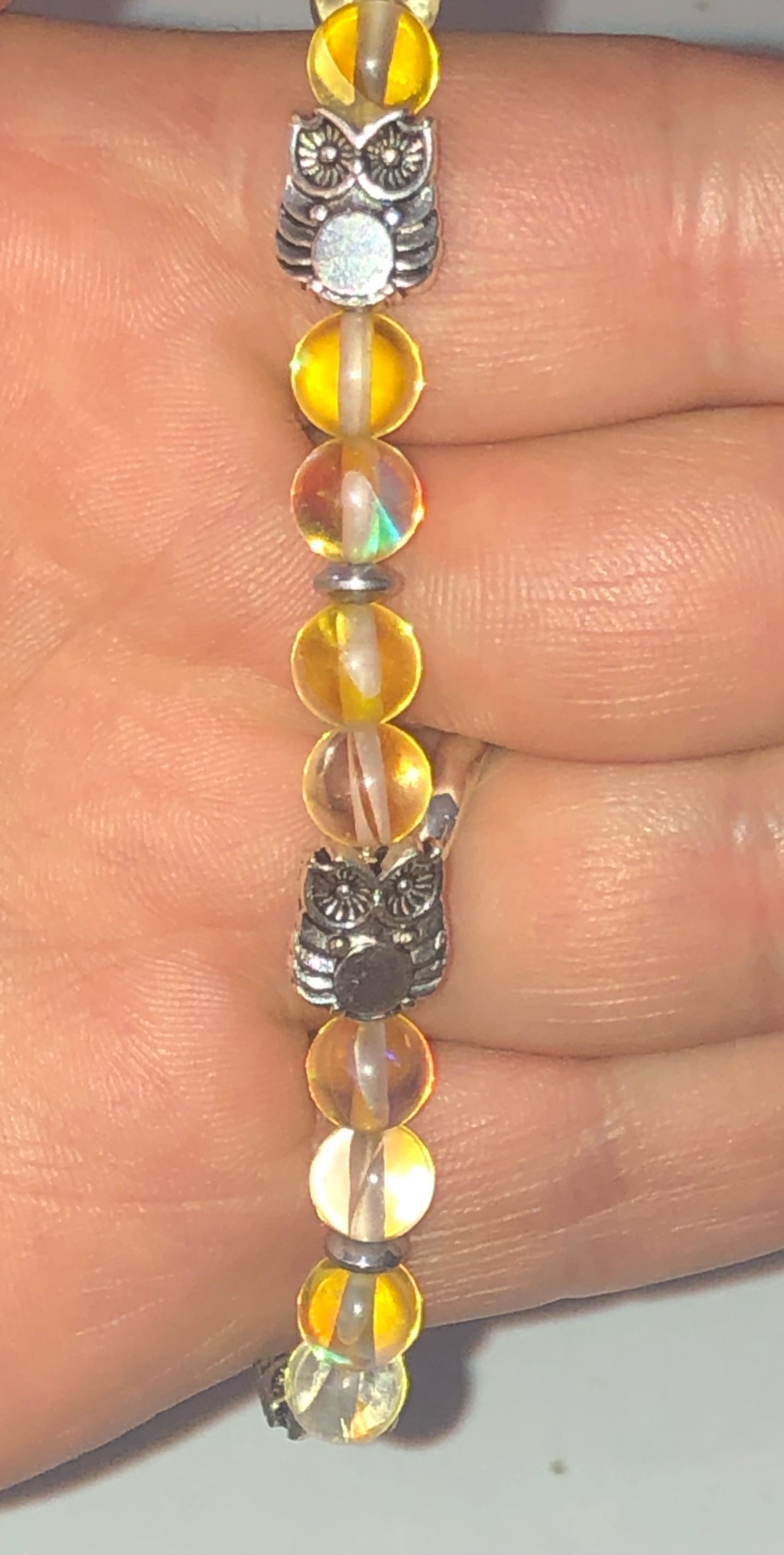 Silver Owl with Yellow Mystic Aura Quartz Bracelet