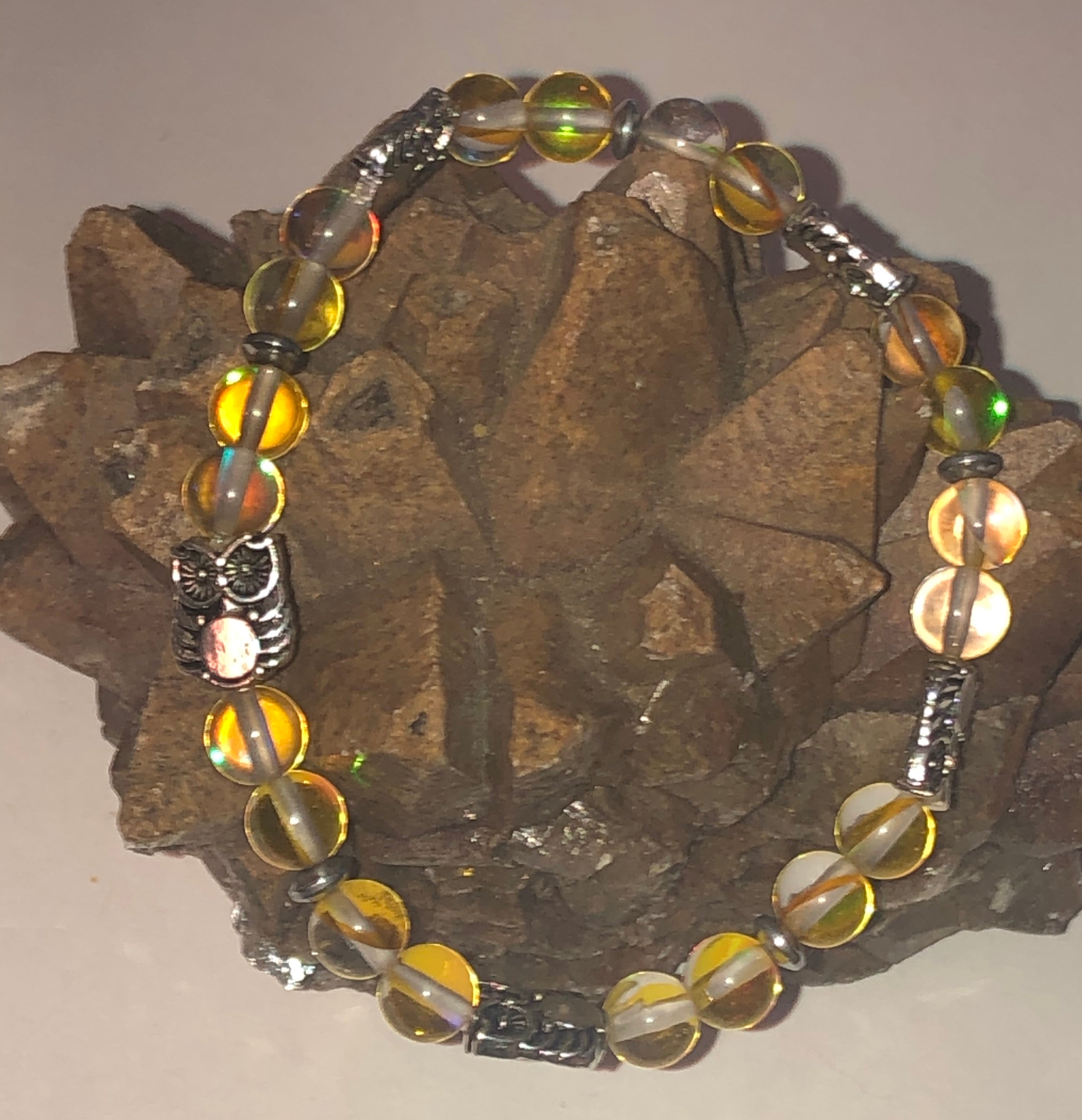 Silver Owl with Yellow Mystic Aura Quartz Bracelet