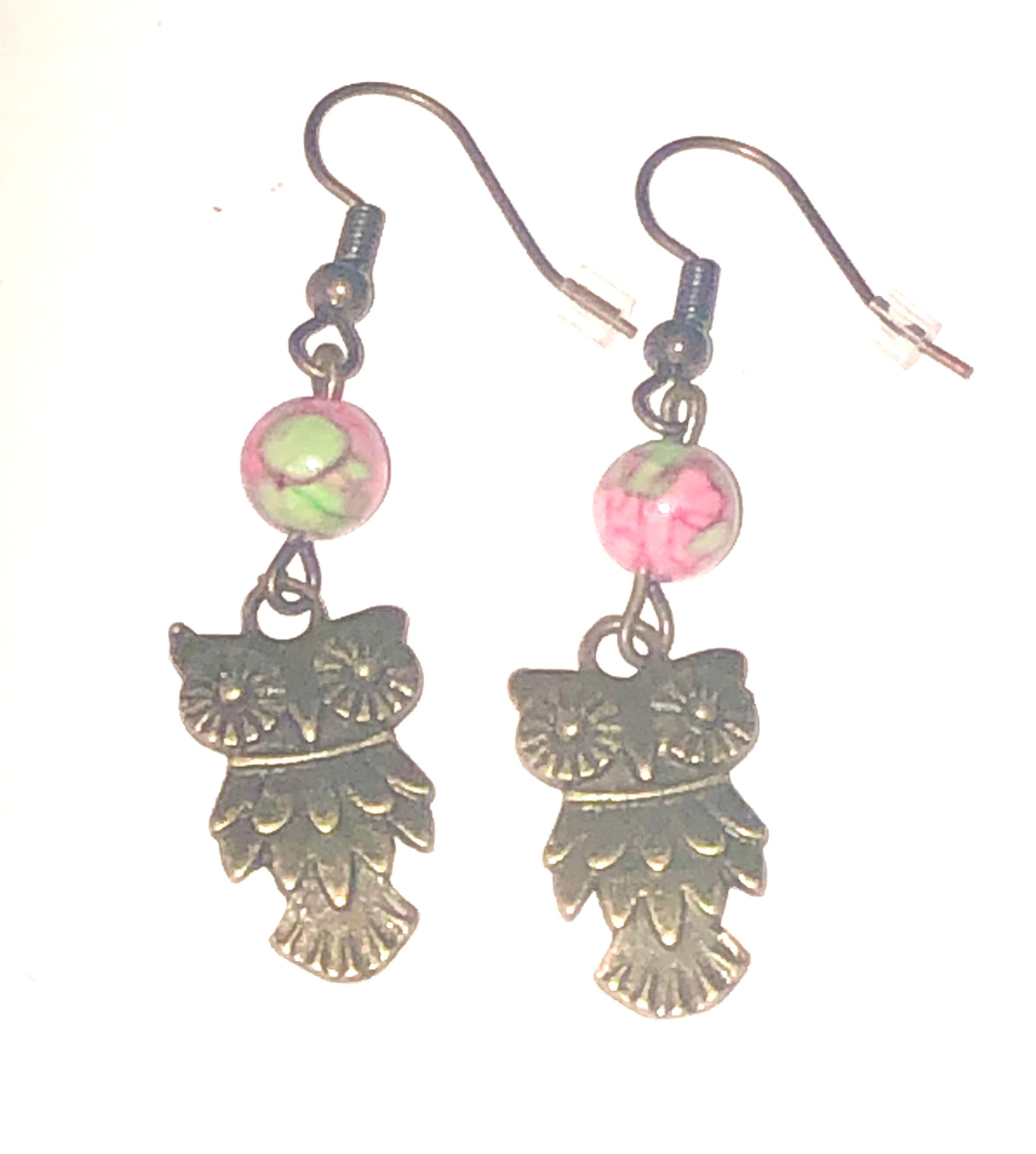 Bronze Owl with Pink, Green and White Stones Earrings