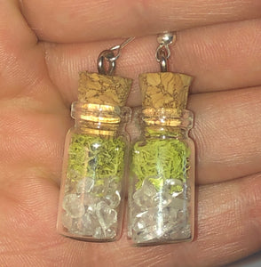 Dried Moss and Quartz Bottle Earrings