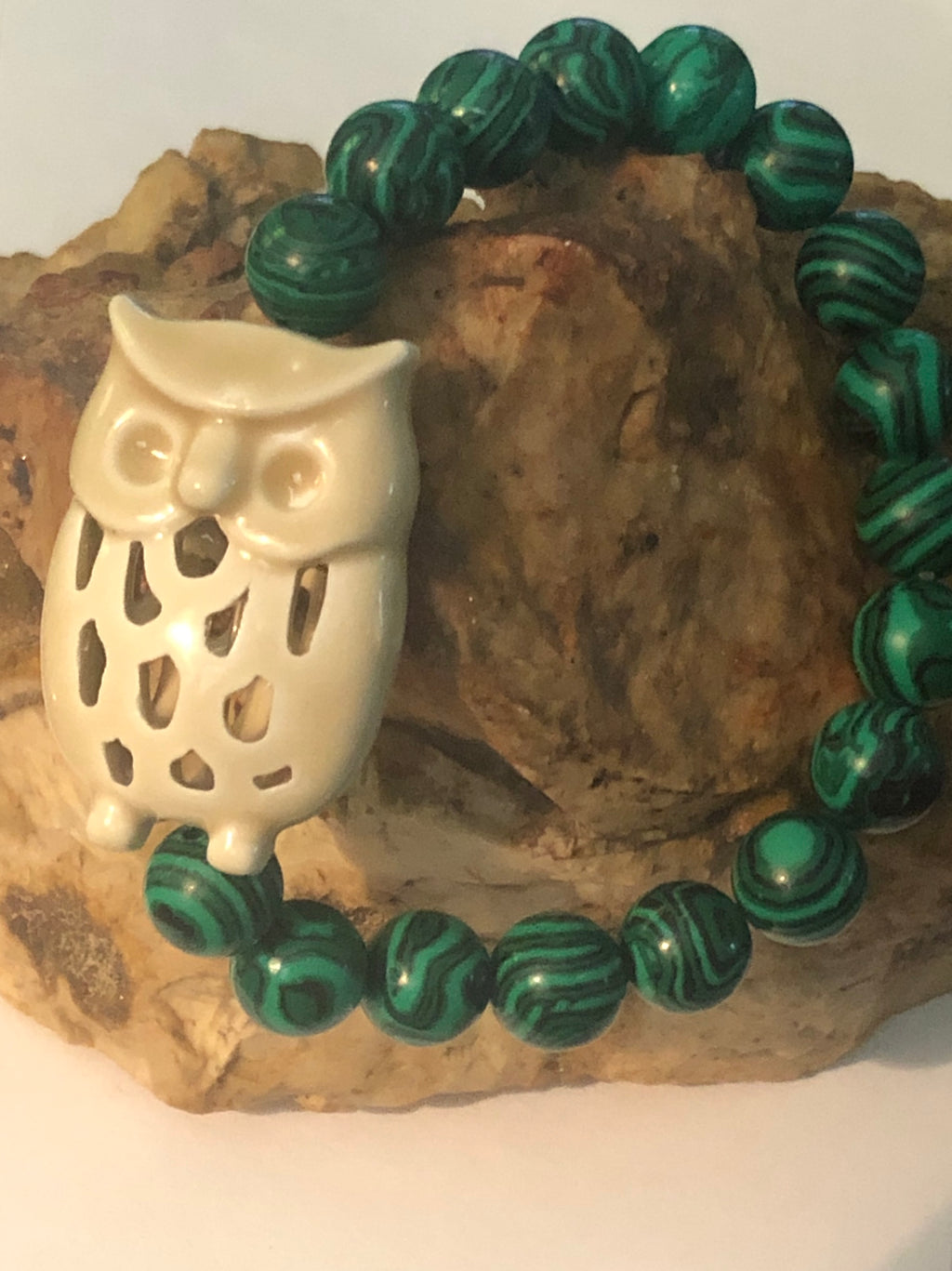 Large Ceramic Owl with Faux Malachite Bracelet