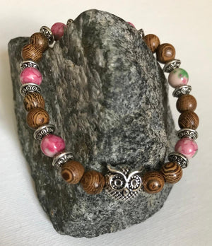 Silver Owl with Pink, Green and White Stones